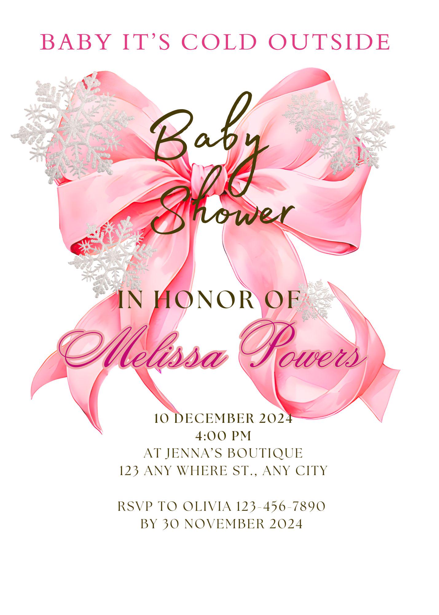 Plantilla de invitación para baby shower con copos de nieve y lazo de ...