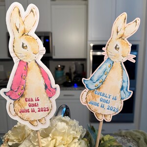 Op de afbeelding: Twee Peter Konijn-thema feestversieringen. Elk heeft een aquarel illustratie van Peter Konijn met een jas. Op een staat "EVA IS ONE! JUNE 11, 2025" en op de andere staat "EVERLY IS ONE! JUNE 11, 2025".