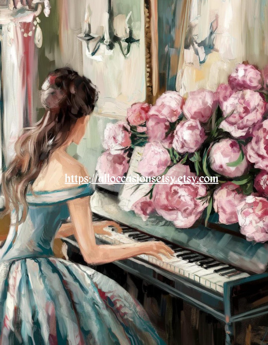 Romantic Woman at Piano With Peonies Impressionistic Art Print 300 DPI ...
