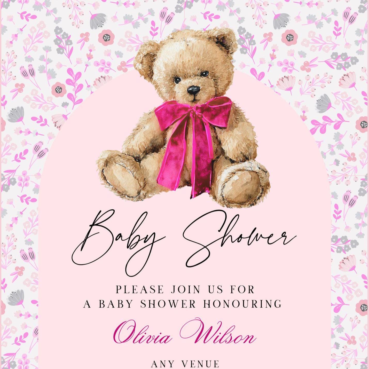 EDITABLE Canva Teddy Bear Pink Bow Floral Baby Shower Invite - Etsy
