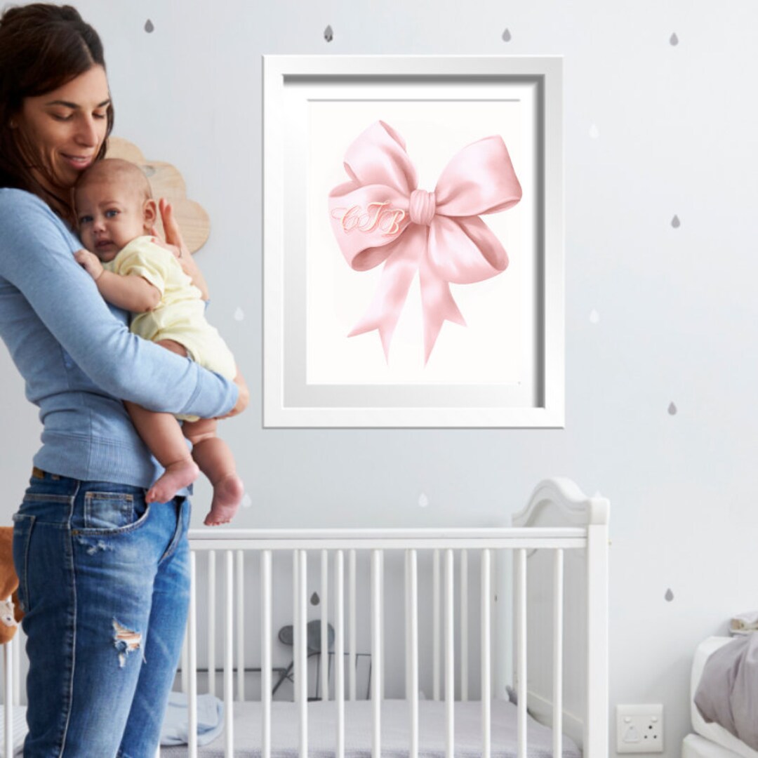 Custom Pink Bow Wall Art for Nursery Print Pink Monogrammed Bow Girls ...