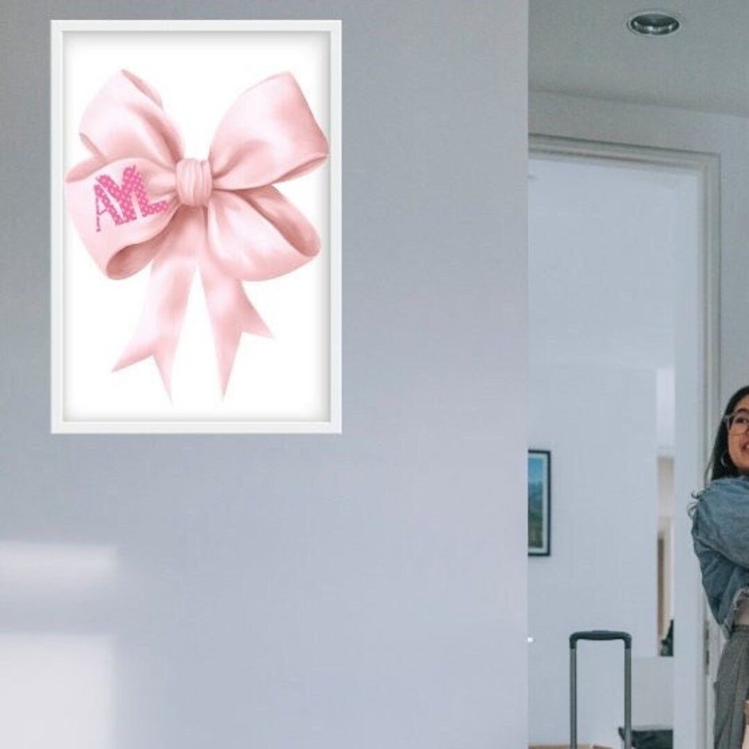 Custom Pink Bow Wall Art for Nursery Print Pink Monogrammed Bow Girl ...