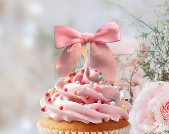 Roze satijnen strik cupcake toppers babyshower vrijgezellenfeest cupcake toppers