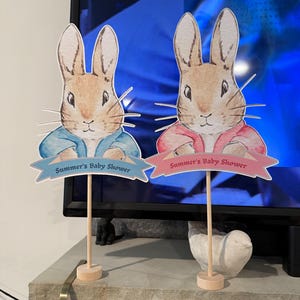 Op de afbeelding: Twee konijnvormige baby shower decoraties. Elk konijn heeft een aquarelontwerp, met een blauwe of roze jas. De banners lezen "Summer's Baby Shower". De decoraties staan op houten stokken met ronde bases.