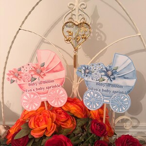 May include: Pink and blue baby carriage cutouts with the text "Baby in Bloom" and "Eva's baby sprinkle" are displayed above a bed of orange and red flowers. A decorative heart hangs above the carriages.