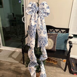Pink and white toile tree bow large gift bow door bow wreath bow love shack tree topper crib bow Christmas decor blue