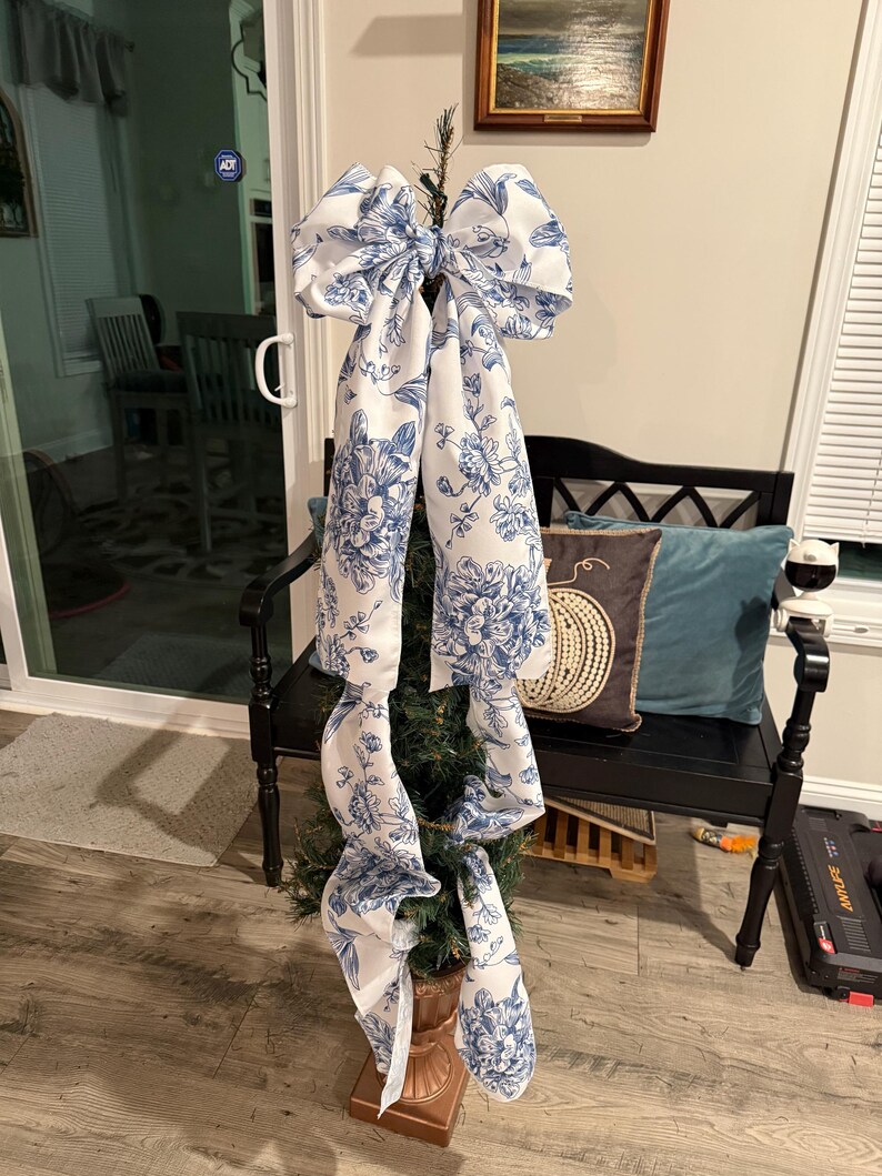 Pink and white toile tree bow large gift bow door bow wreath bow love shack tree topper crib bow Christmas decor blue