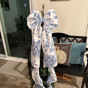 Pink and white toile tree bow large gift bow door bow wreath bow love shack tree topper crib bow Christmas decor image 11