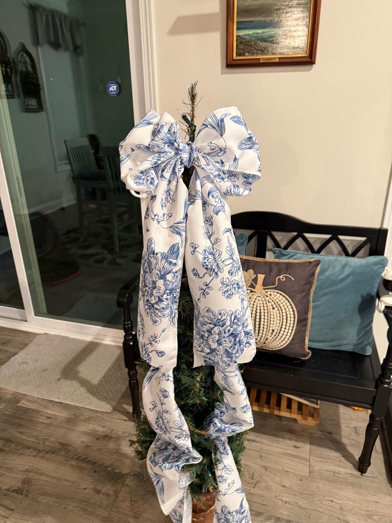 Pink and white toile tree bow large gift bow door bow wreath bow love shack tree topper crib bow Christmas decor image 11