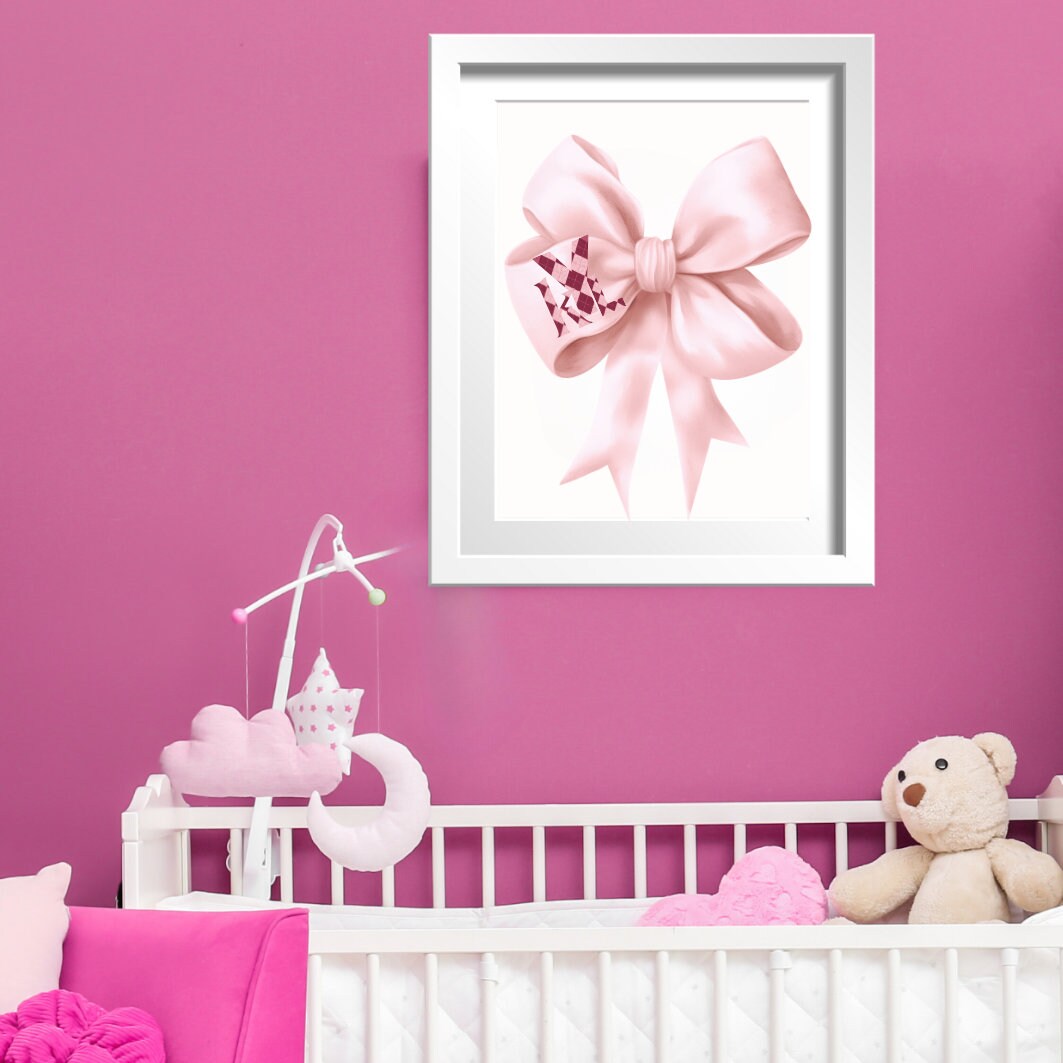 Custom Pink Bow Wall Art for Nursery Print Picture Pink Monogrammed Bow ...