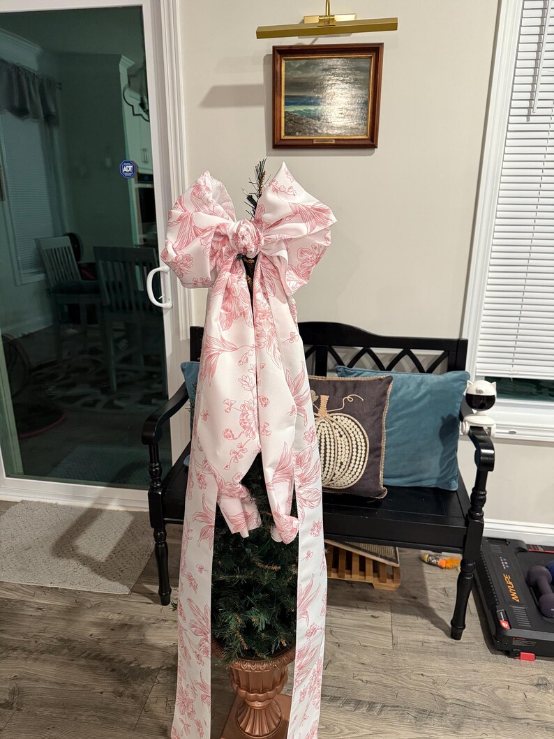 Pink and white toile tree bow large gift bow door bow wreath bow love shack tree topper crib bow Christmas decor image 12