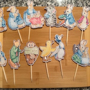 Beatrix Potter Peter rabbit and friends custom or blank or pink vintage bunny Baby Shower cupcake toppers or place cards cake smash birthday