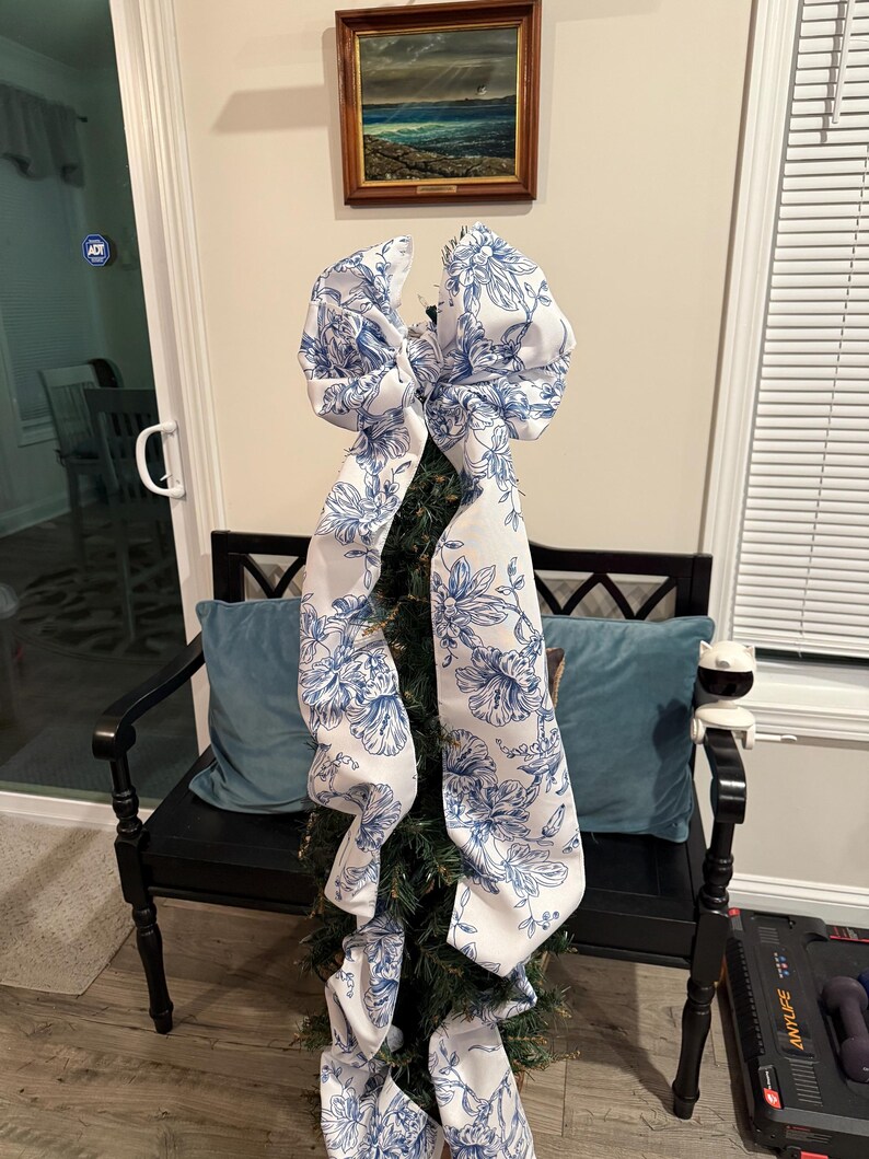 Pink and white toile tree bow large gift bow door bow wreath bow love shack tree topper crib bow Christmas decor image 16