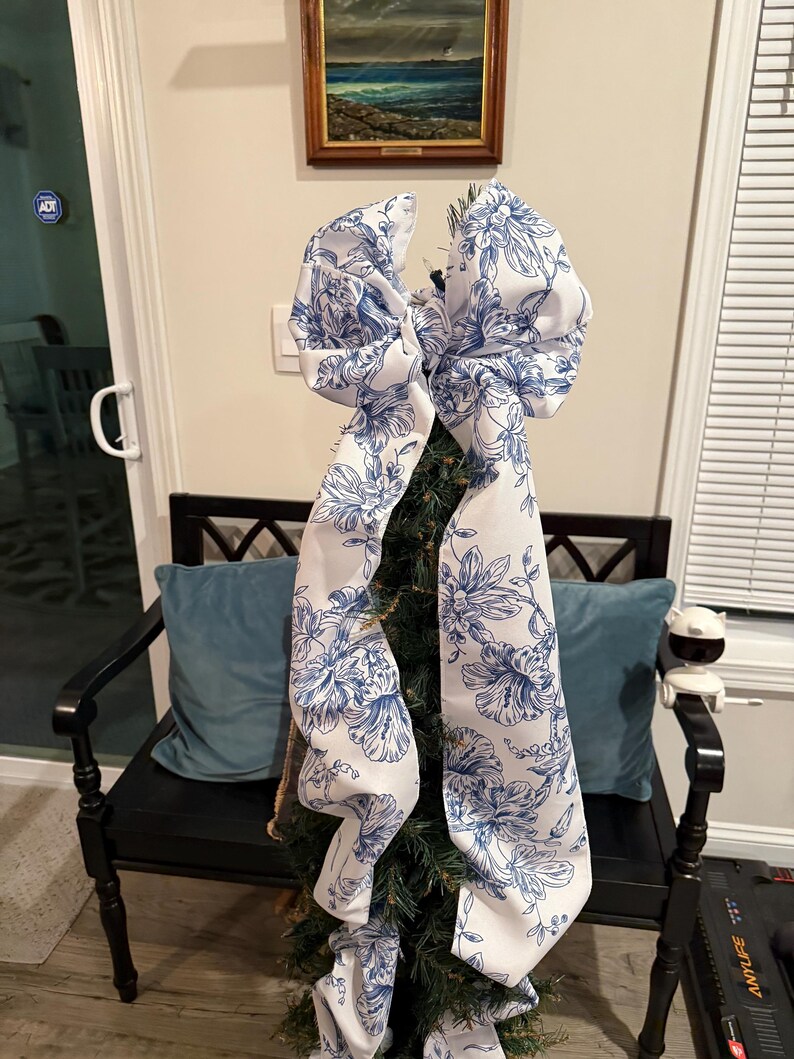 Pink and white toile tree bow large gift bow door bow wreath bow love shack tree topper crib bow Christmas decor image 14