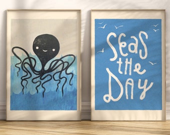 Smiling Octopus and Seas the Day Group of Two Wall Art Prints, Funny Retro Trendy Digital Art Nautical Ocean Blue Beach Decor for Home