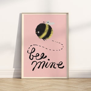 Bee Mine Valentine Wall Art Cute Bumble Bee Trendy Retro Pink Decor Coquette Aesthetic Digital Print Cute Animal Funny Humor Handmade Poster