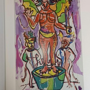May include: A colorful illustration featuring a central winged figure standing in a green bowl, flanked by two smaller figures. The artwork uses bold lines and vibrant shades of purple, orange, green, and blue, with the number 163 at the bottom.