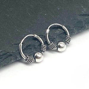 Sterling Silver 13mm Bali Hoop Earrings ,1.3mm Small Silver Bead Hoops, Rope Detail Cartilage Earrings, Boho Minimalist Bali Jewelry