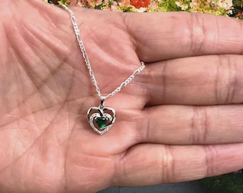 Emerald Heart Necklace Sterling Silver 925 • Green Gemstone