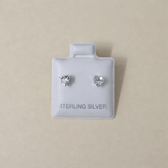 Sterling Silver Heart Stud Earrings • 4mm Sparkling Clear Gemstone Dainty Jewelry