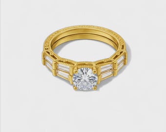 Dainty Gold Plated Sterling Silver CZ Ring Set Art Deco Bridal