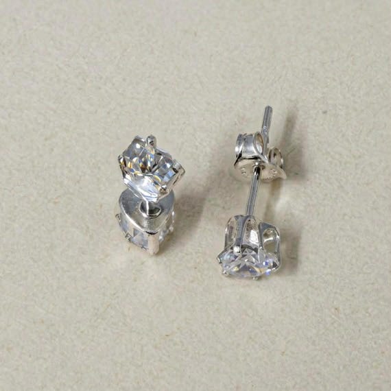 Sterling Silver Heart Stud Earrings • 4mm Sparkling Clear Gemstone Dainty Jewelry View 4