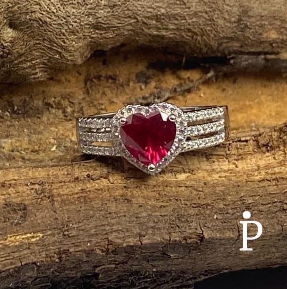Heart ted Ruby Cubic Zirconia Promise Ring .925 S… - image 1