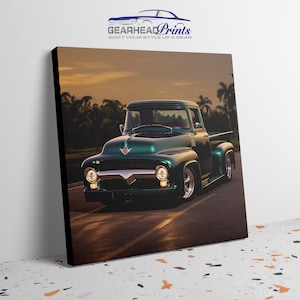 Impressão em tela de caminhão Ford F-100 1956 - arte vintage do pôr do sol - decoração clássica americana - presente para amantes de caminhões clássicos