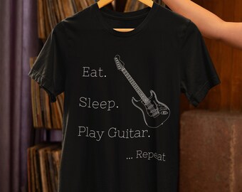 Eet slaap speel gitaar T-shirt muziek T-shirt cadeau voor muzikant gitaarspeler muzikant tshirt vader zoon cadeau moeder dochter cadeau voor gitaar
