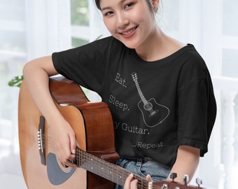 Eet slaap speel gitaar T-shirt muziek T-shirt cadeau voor muzikant akoestische speler muzikant tshirt vader zoon dochter moeder cadeau voor gitaar