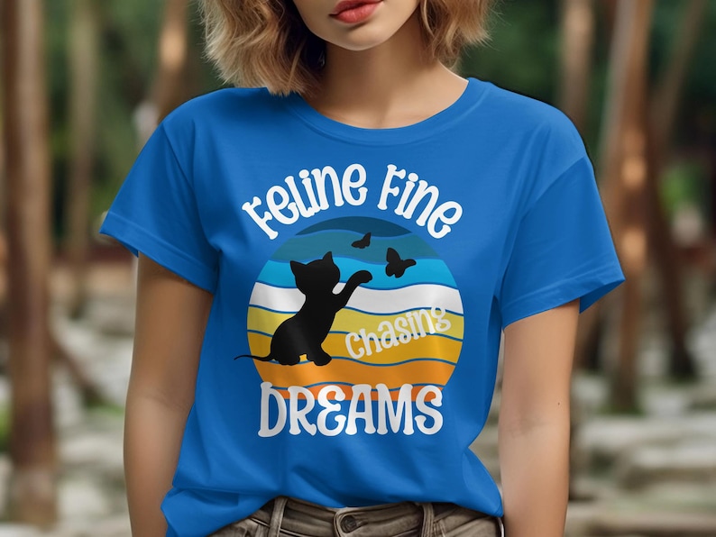 Cute Cat Chasing Butterflies Graphic T-Shirt, Colorful Casual Wear for Cat Lovers, vintage sunset, cat lover gift or cat mom gift image 6