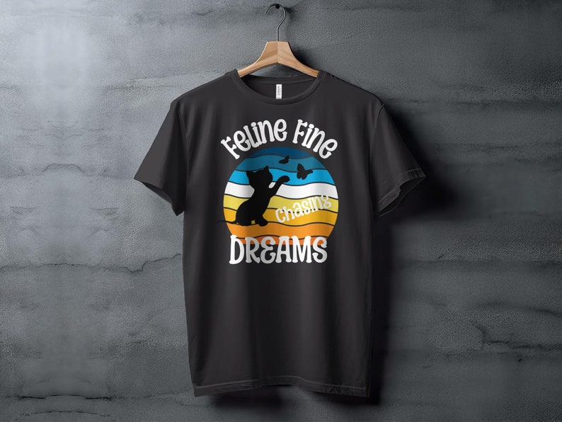 Cute Cat Chasing Butterflies Graphic T-Shirt, Colorful Casual Wear for Cat Lovers, vintage sunset, cat lover gift or cat mom gift image 3