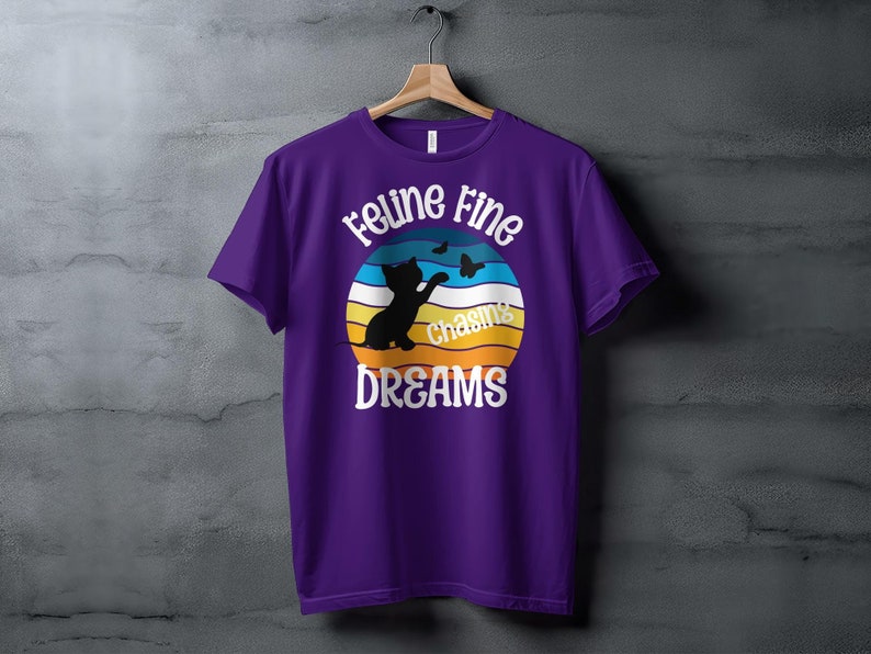 Cute Cat Chasing Butterflies Graphic T-Shirt, Colorful Casual Wear for Cat Lovers, vintage sunset, cat lover gift or cat mom gift image 1
