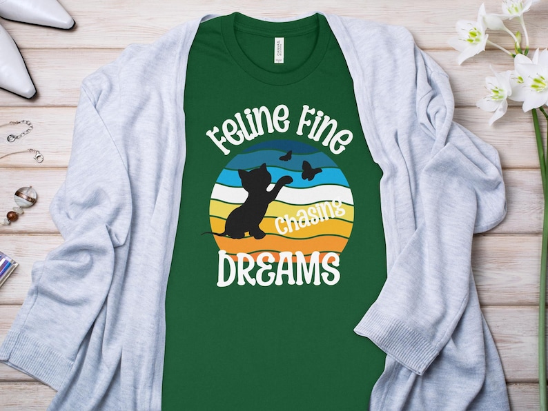 Cute Cat Chasing Butterflies Graphic T-Shirt, Colorful Casual Wear for Cat Lovers, vintage sunset, cat lover gift or cat mom gift image 8