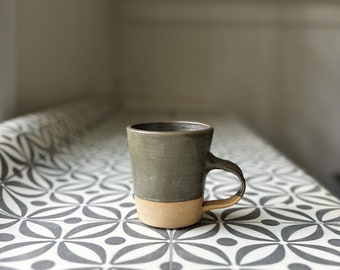 Medium Ceramic Straight-Edge Mug, Pottery Cup, Stoneware Coffee Cup, Handmade Mug in Olive (27)