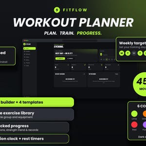 Könnte beinhalten: Eine digitale Fitflow Trainingsplaner-Oberfläche auf einem Bildschirm, gestaltet in einem dunklen Design mit lindgrünen Akzenten. Das Layout umfasst einen wöchentlichen Ziel-Tracker, eine Bibliothek mit 45+ Übungen, einen Trainings-Builder und sechs Farben.