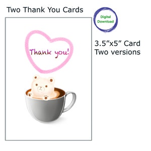Tarjeta de agradecimiento (Descarga digital) Linda tarjeta Latte Bear, dos versiones = LatteBear y LatteBear con corazón, (Imprimirla en casa)