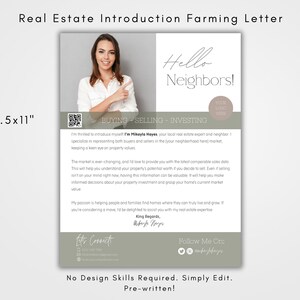 May include: A real estate introduction letter with a photo of a woman smiling and pointing to the right. The letter is titled "Real Estate Introduction Farming Letter" and includes the text "Hello Neighbors!" and "Buying - Selling - Investing".