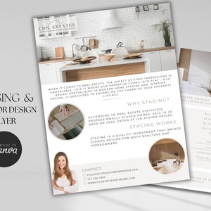May include: A flyer for Chic Estates Home Staging & Interior Design. The flyer features a photo of a staged kitchen and a photo of a staged living room. The flyer also includes information about the company's services and pricing.  The text on the flyer reads: "Staging & Interior Design Flyer" and "Why Staging?"
