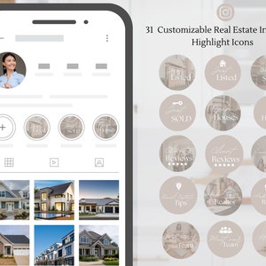 May include: 31 customizable Instagram highlight icons for real estate agents. The icons are in a light brown colour with white text. Some icons feature houses, keys, and stars. The text on the icons includes "Listed", "Sold", "Houses", "Reviews", "Tips", "Realtor", "Team", and "Rentals".