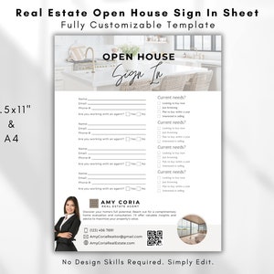 May include: A black and white sign-in sheet for an open house. The sheet includes a section for contact information and a checklist of current needs, such as "just browsing", "plan to buy within a year", and "interested in selling". The sheet also includes a logo for Amy Coria Real Estate Agent with contact information and a QR code.