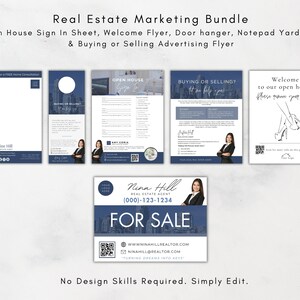 May include: A real estate marketing bundle featuring a blue and white colour scheme. The bundle includes an open house sign-in sheet, welcome flyer, door hanger, notepad, yard sign, and a buying or selling advertising flyer. The text on the flyers reads "Call Me Today For a FREE Home Consultation", "Open House", "Buying or Selling? Let us help you!" and "Welcome to our open house. Please remove your shoes."