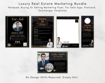 Luxury Realtor Marketing Bundle, Real Estate Yard Lawn Sign, Doorhanger Listing Flyer, Personalised Realtor Notepad, Buying Or Selling Flyer