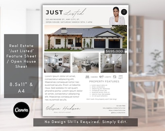 Real Estate 'Just Listed' Property Feature Sheet, Realtor Flyer Template, Real Estate Advertising, Open House, House Feature Sheet, PDF