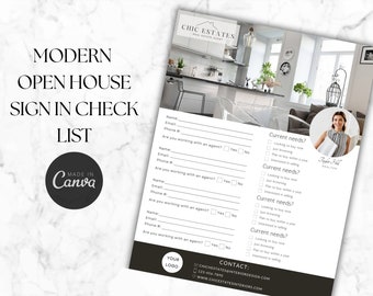 Modern Clean Open House Sign in Check List Sheet, Realtor Leads | Data Collection |  Realtor Advertising | Buying Selling Home | AirBnb Sign