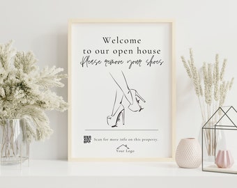 Casa aberta, remova seus sapatos, sinal de código QR, sinal QR de imóveis, folha de boas-vindas, kit de casa aberta, sinal de porta de corretor de imóveis para impressão