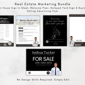 May include: A real estate marketing bundle featuring open house sign-in sheets, welcome flyers, notepad yard signs, and buying or selling advertising flyers. The flyers have a black and white design with text such as "Open House" and "For Sale."