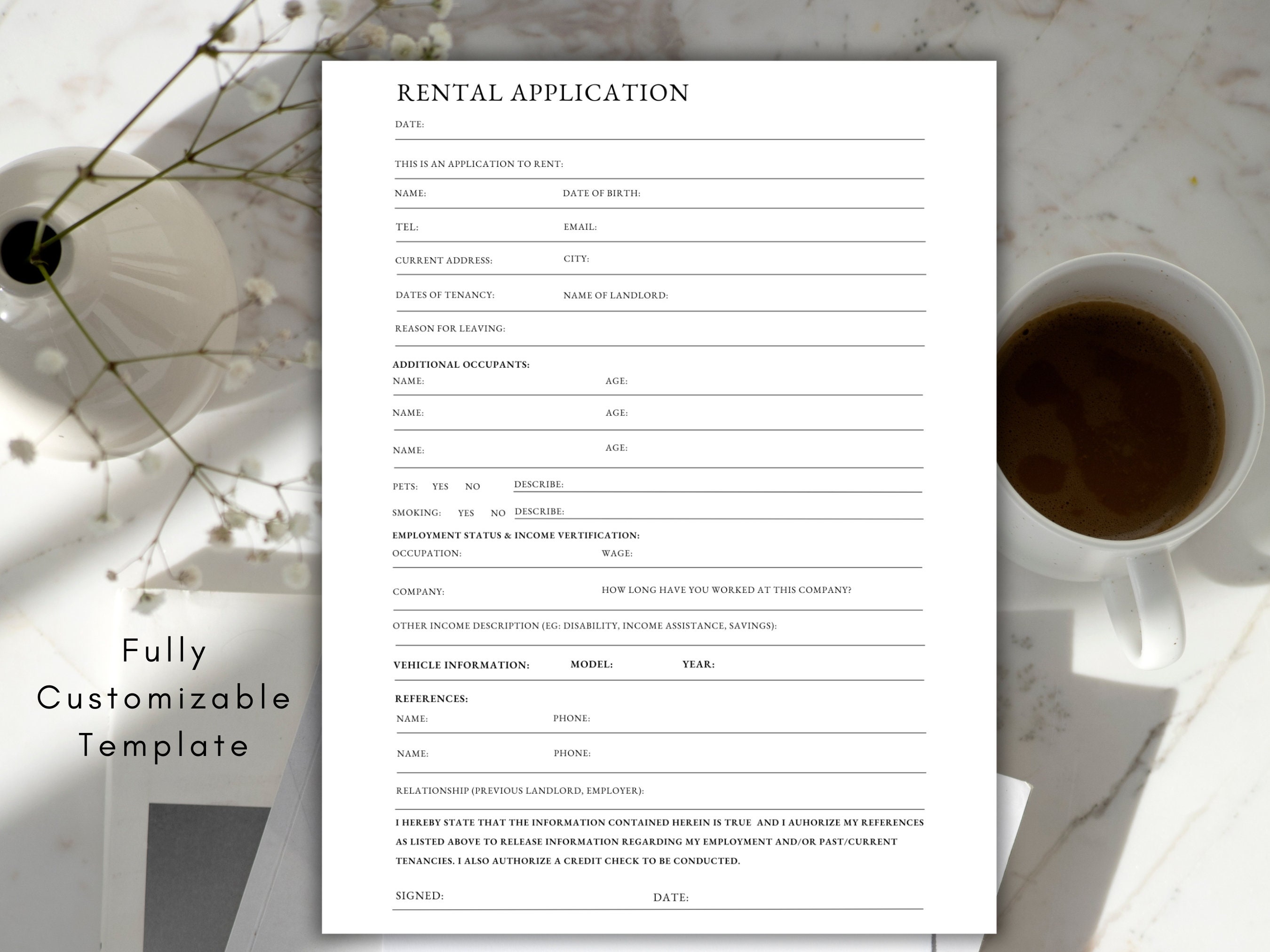 EDITABLE Home Rental Application, Landlord Tenancy Lease, Application Landlord Forms, Real Estate Rental, Tenant Rental Application, 1 Page