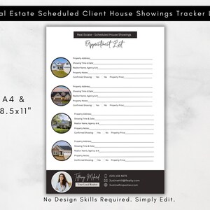 Lista de seguimiento de citas programadas para visitas a casas por parte de agentes inmobiliarios, base de contacto para compradores, búsqueda de propiedades, herramienta de organización de bienes raíces, diario del agente