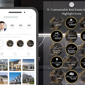 May include: A collection of 31 customizable real estate Instagram highlight icons. The icons feature a black and gold marble design with white text. The text includes phrases like "Just Listed", "Open Houses", "Client Reviews", and "Real Estate Tips".